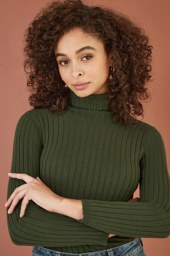 Yumi Green Ribbed Knit Roll Neck Jumper - QHA UK