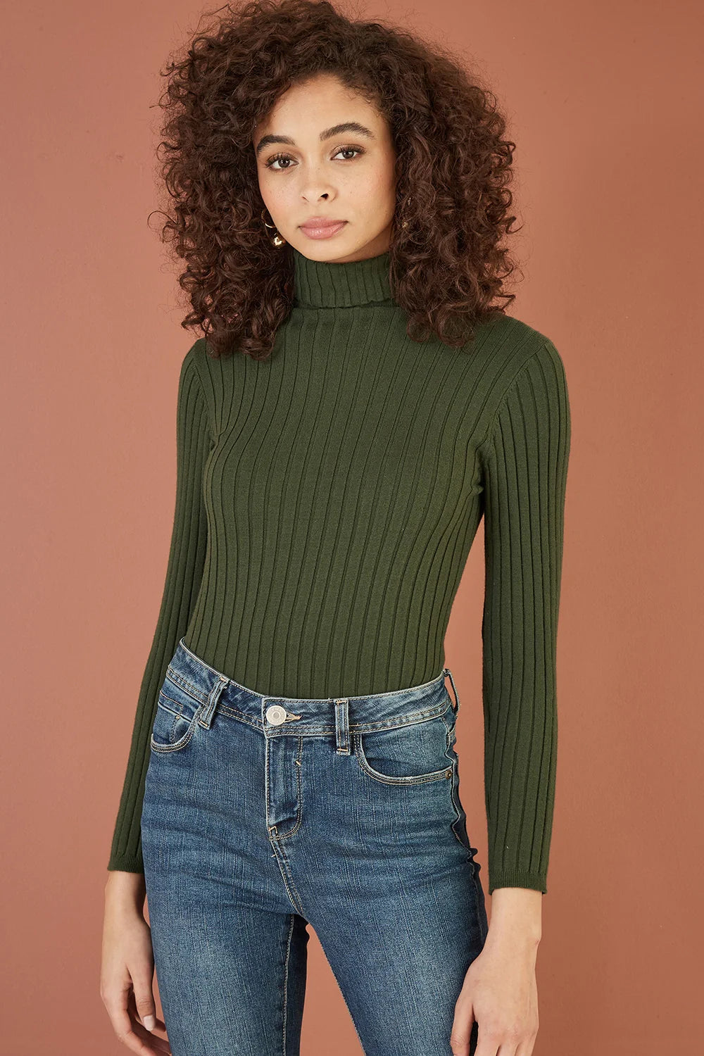 Yumi Green Ribbed Knit Roll Neck Jumper - QHA UK