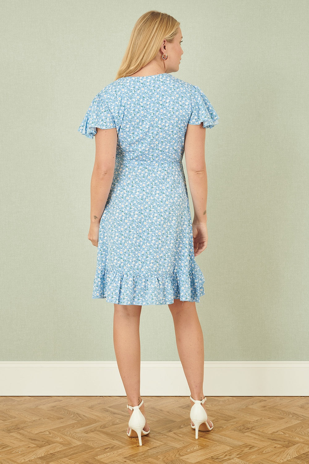 Yumi Blue Ditsy Floral Wrap Frill Dress - QHA UK