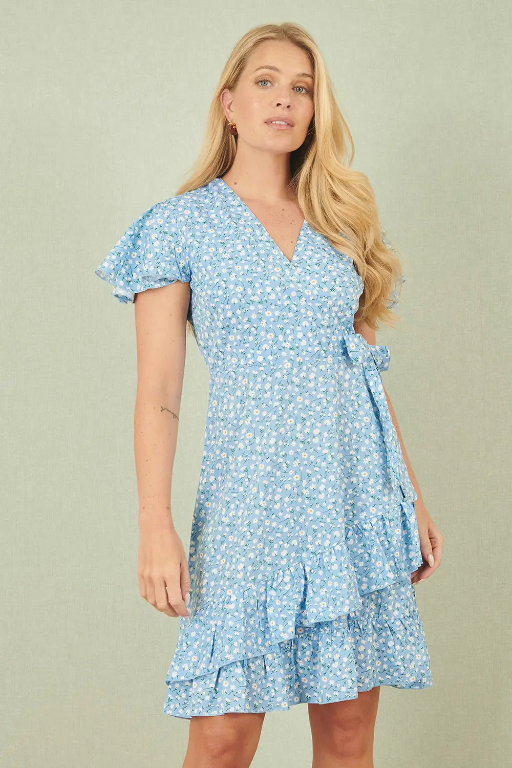Yumi Blue Ditsy Floral Wrap Frill Dress - QHA UK