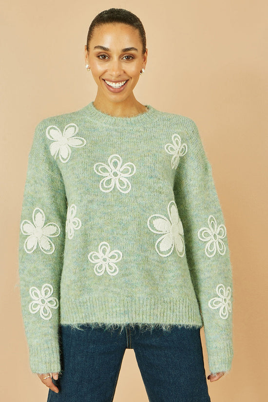 Yumi Green Relaxed Knitted Jumper With Crochet Flowers - QHA UK