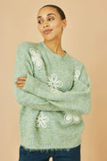 Yumi Green Relaxed Knitted Jumper With Crochet Flowers - QHA UK
