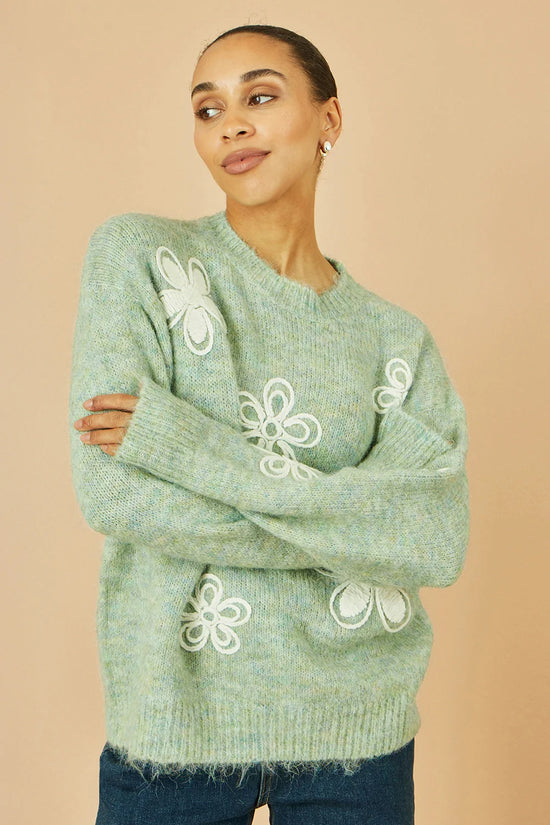 Yumi Green Relaxed Knitted Jumper With Crochet Flowers - QHA UK
