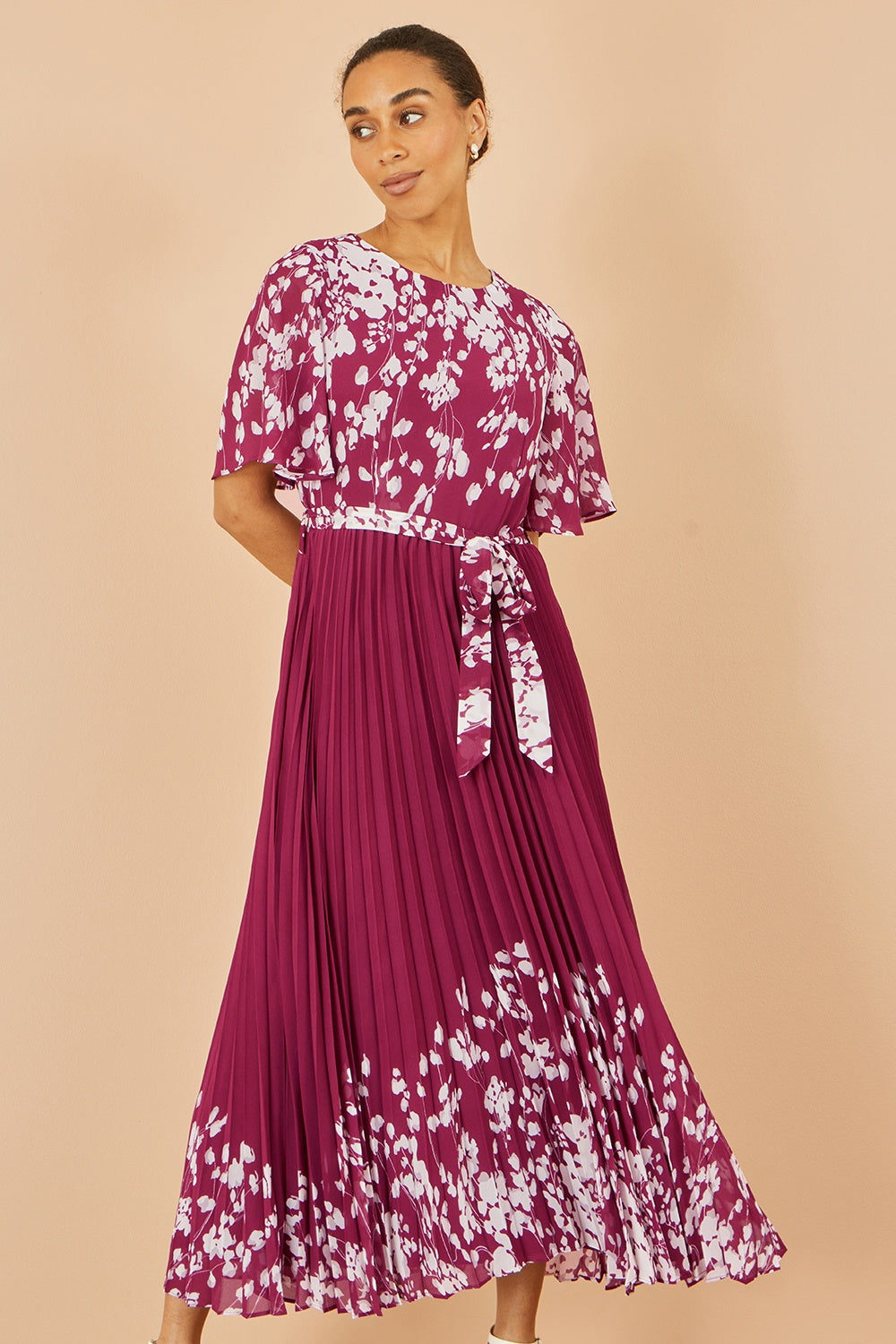 Yumi Burgundy Mirror Floral Design Pleated Midi Dress - QHA UK