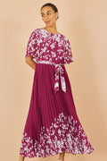 Yumi Burgundy Mirror Floral Design Pleated Midi Dress - QHA UK