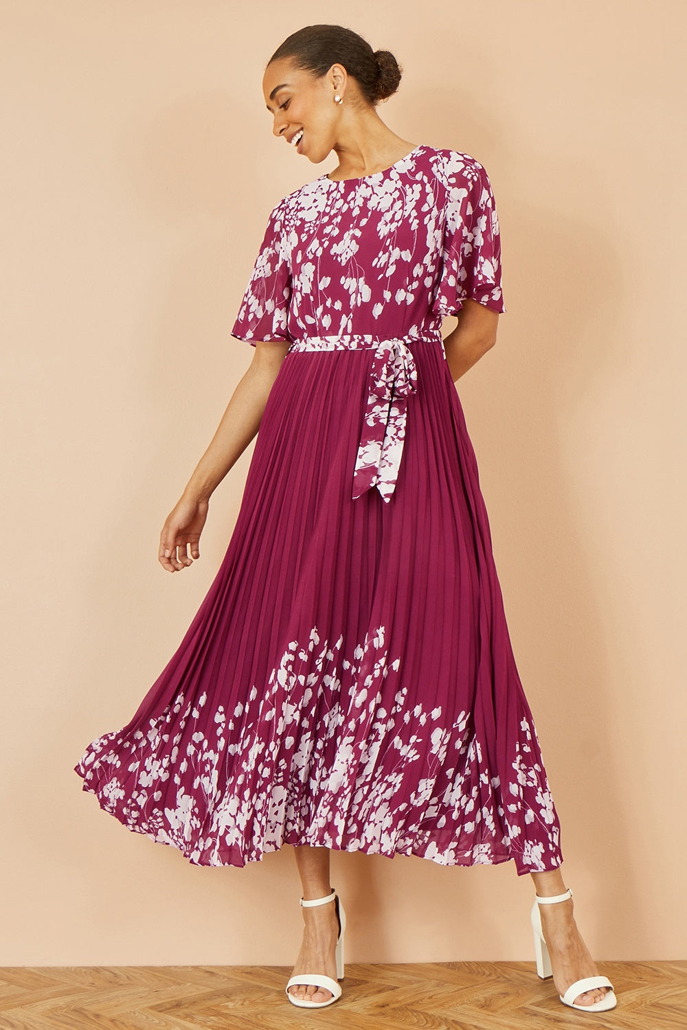 Yumi Burgundy Mirror Floral Design Pleated Midi Dress - QHA UK