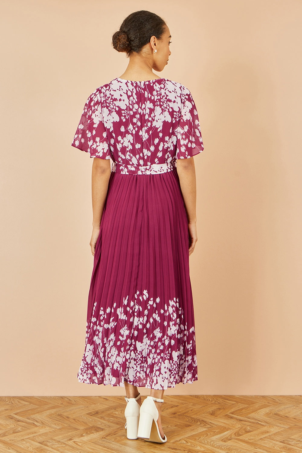 Yumi Burgundy Mirror Floral Design Pleated Midi Dress - QHA UK