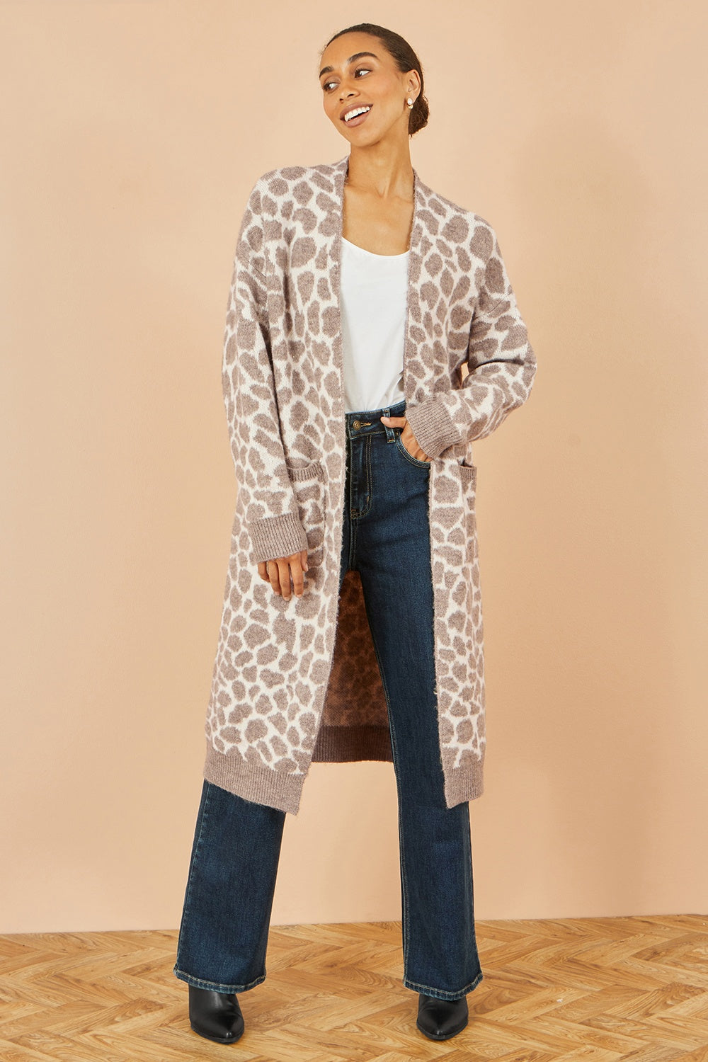 Yumi Beige Animal Intarsia Long Cardigan - QHA UK
