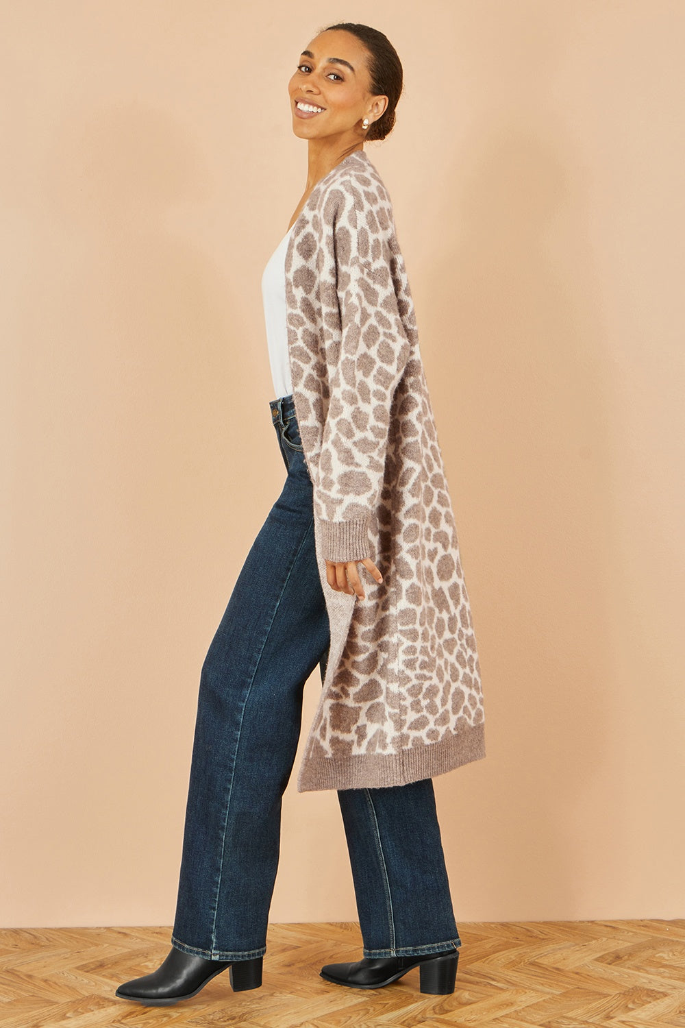 Yumi Beige Animal Intarsia Long Cardigan - QHA UK