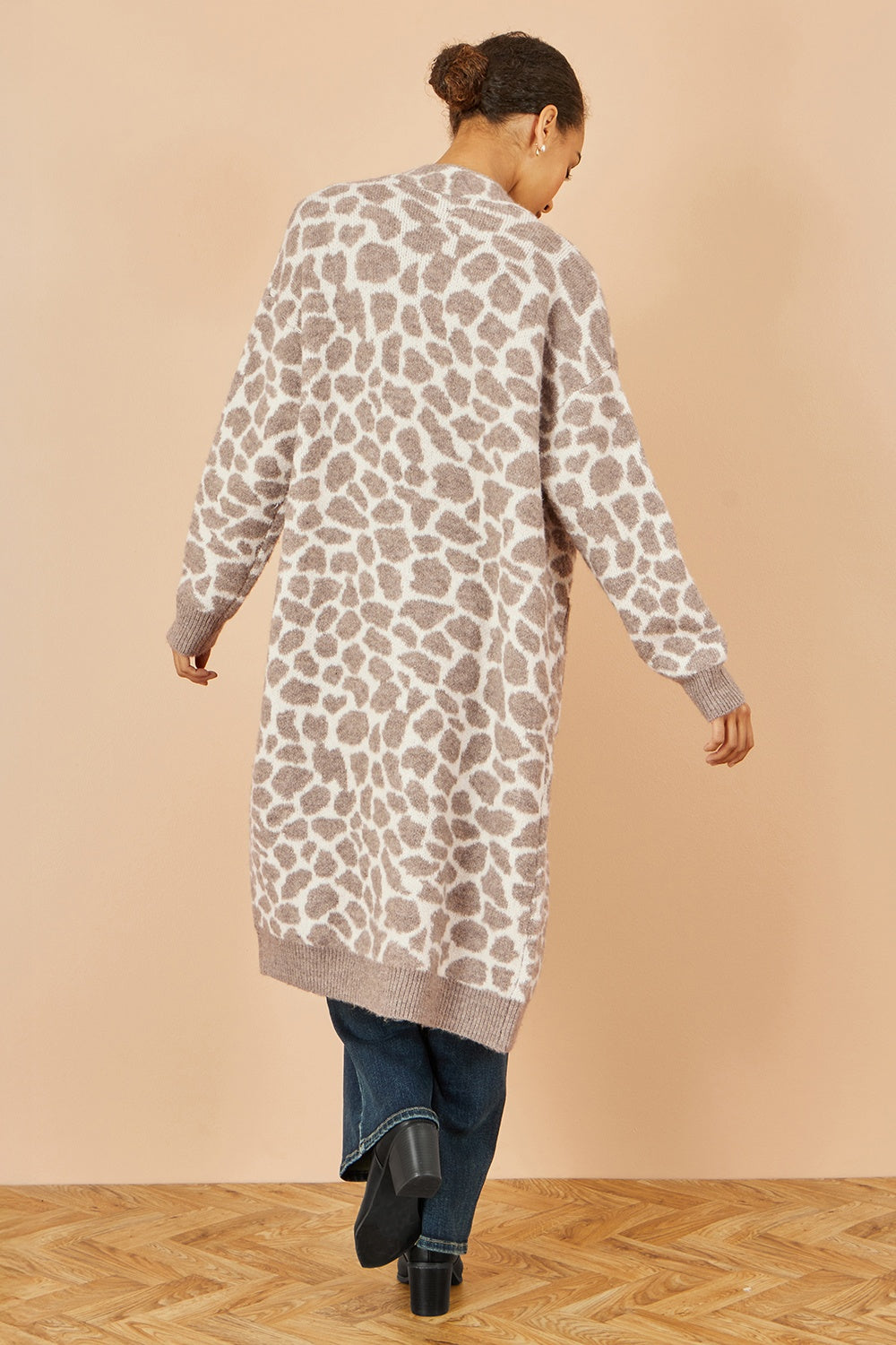 Yumi Beige Animal Intarsia Long Cardigan - QHA UK