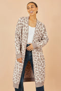 Yumi Beige Animal Intarsia Long Cardigan - QHA UK