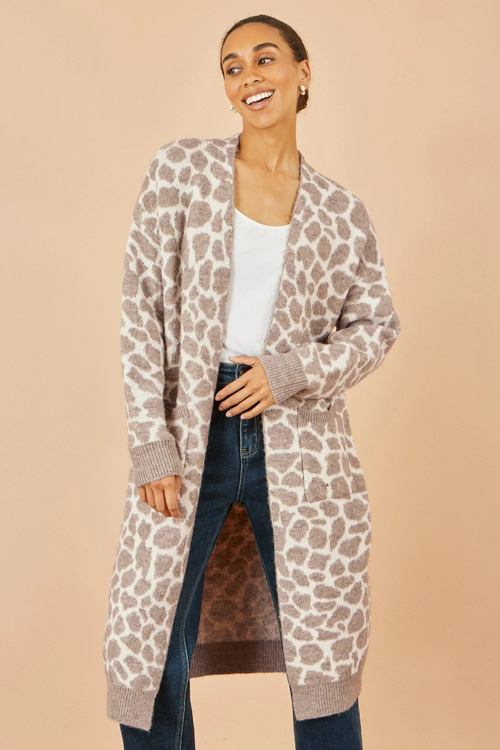 Yumi Beige Animal Intarsia Long Cardigan - QHA UK