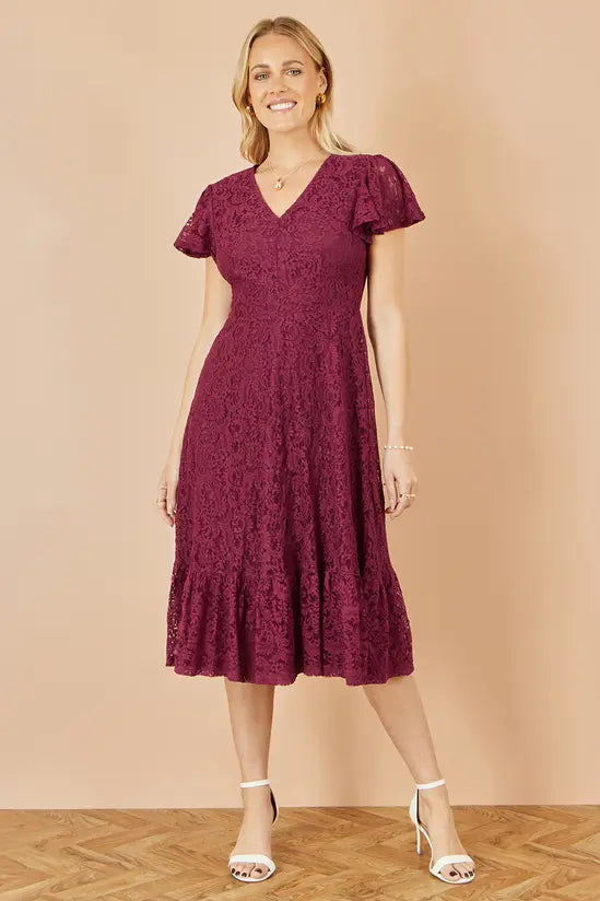 Yumi Burgundy Stretch Lace Puff Sleeve Midi Dress - QHA UK