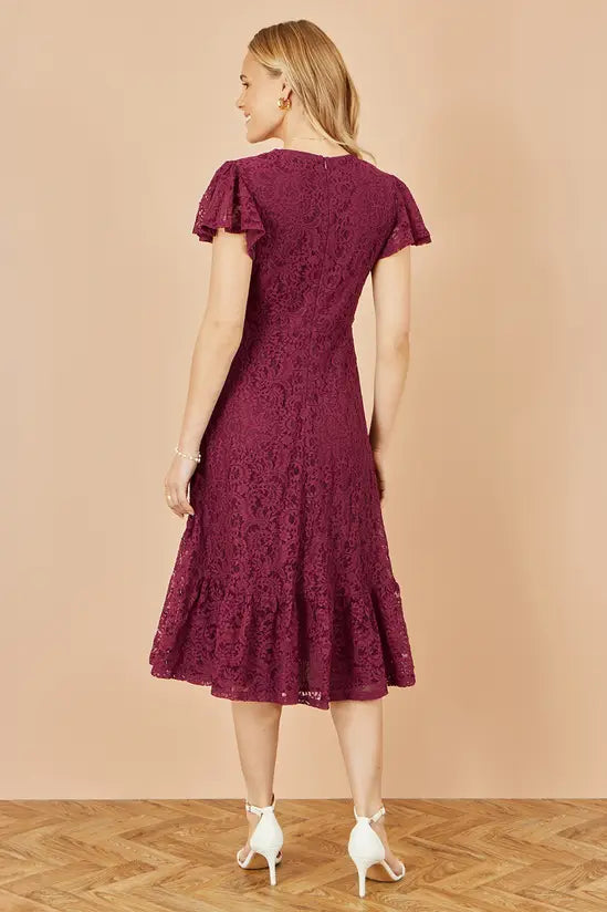 Yumi Burgundy Stretch Lace Puff Sleeve Midi Dress - QHA UK