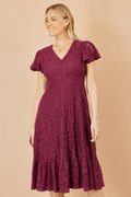 Yumi Burgundy Stretch Lace Puff Sleeve Midi Dress - QHA UK