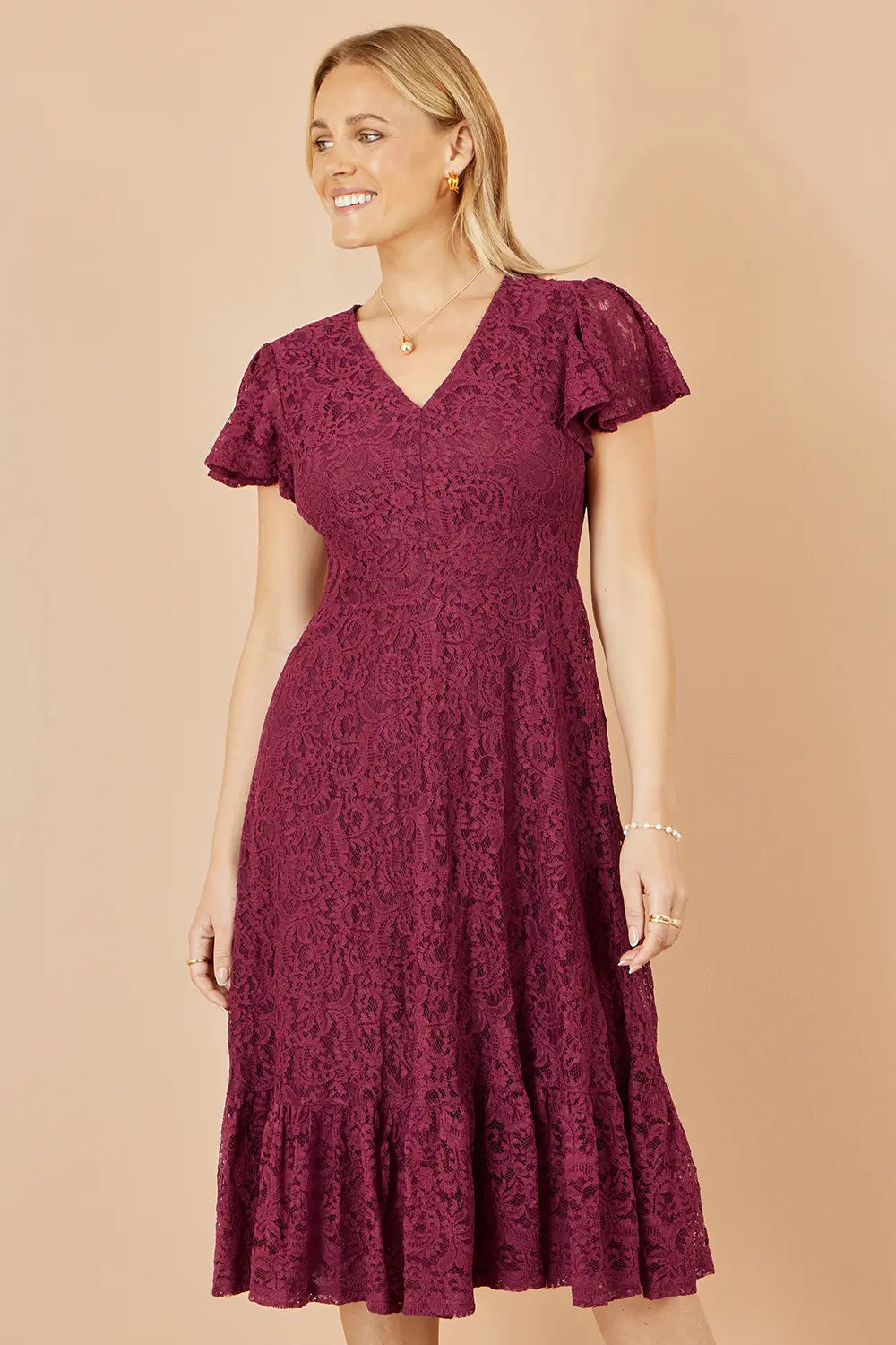 Yumi Burgundy Stretch Lace Puff Sleeve Midi Dress - QHA UK