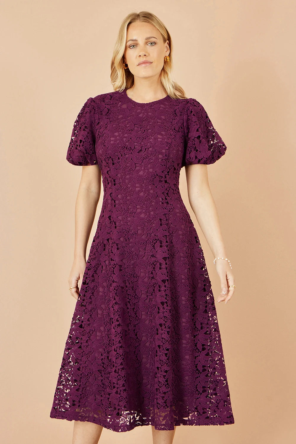 Yumi Burgundy Lace Midi Skater Dress - QHA UK