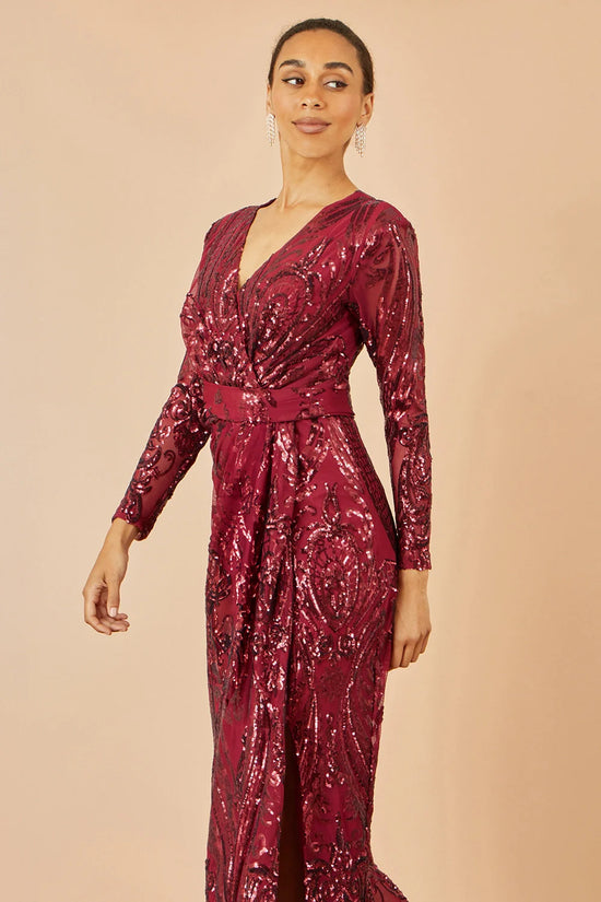 Yumi Red Sequin Midi Wrap Dress With Split Hemline And Long Sleeves - QHA UK