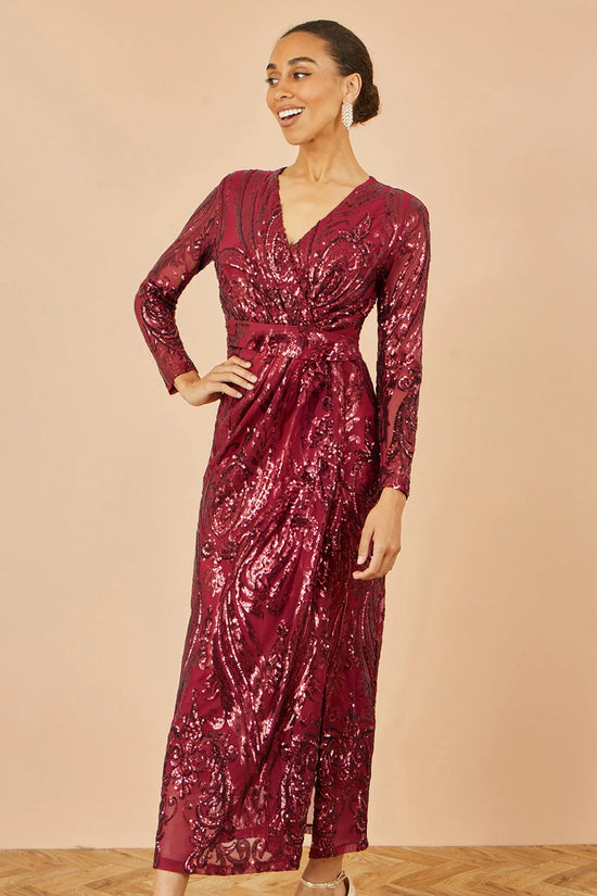 Yumi Red Sequin Midi Wrap Dress With Split Hemline And Long Sleeves - QHA UK
