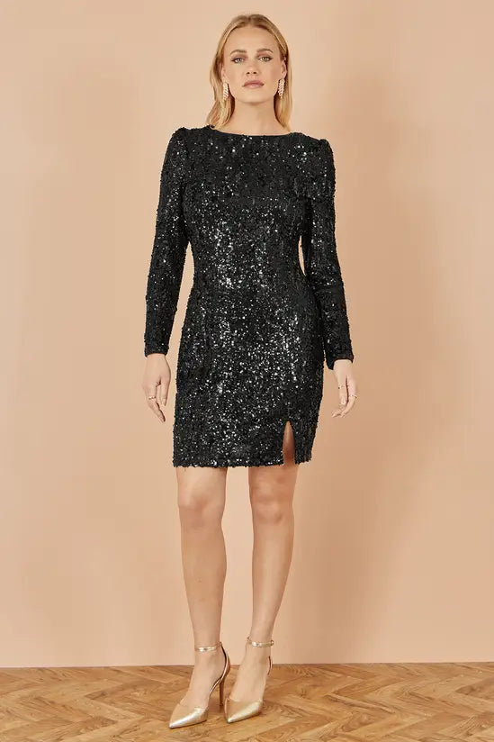 Yumi Black Sequin Long Sleeve Fitted Dress - QHA UK