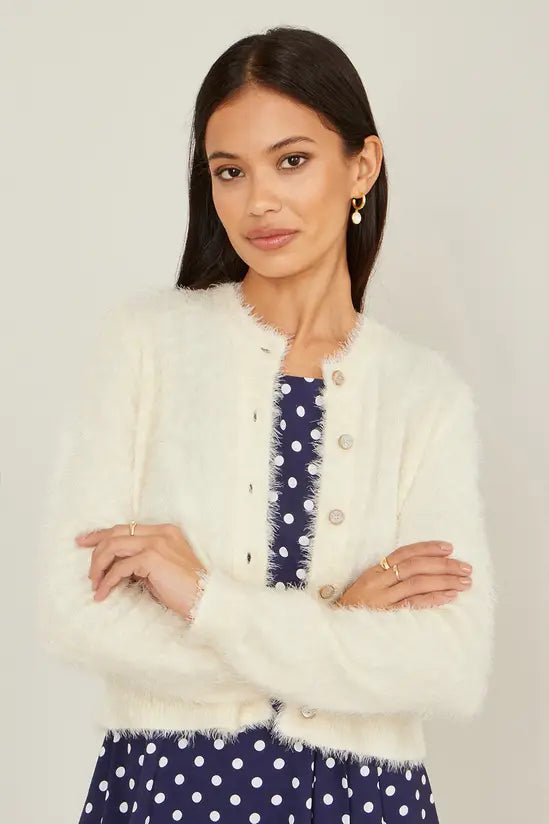 Yumi Ivory Eyelash Knit Cropped Cardigan - QHA UK