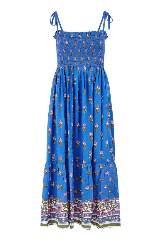 Yumi Blue Strappy Paisley Print Midi Dress With Ruched Bodice - QHA UK