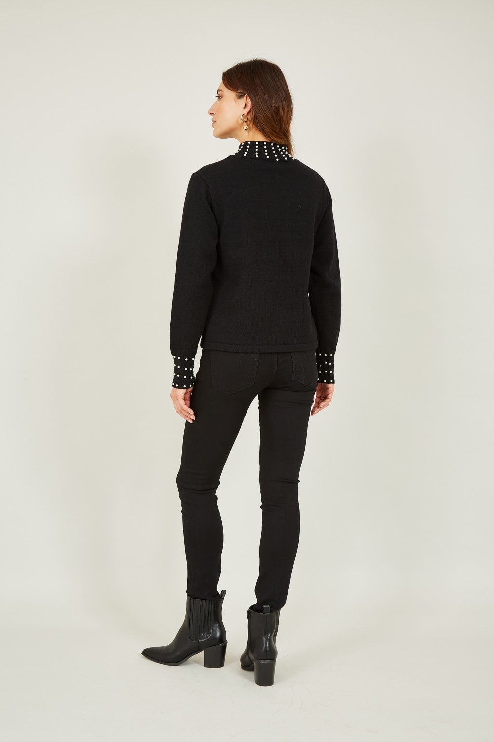 Mela Black Pearl Detail High Neck Jumper