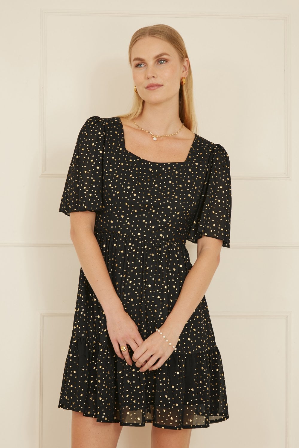 Mela Black Star Print Skater Dress - QHA UK