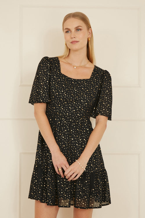 Mela Black Star Print Skater Dress - QHA UK