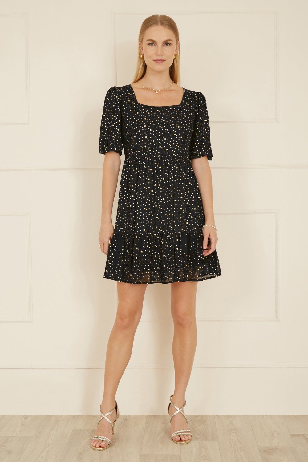 Mela Black Star Print Skater Dress - QHA UK