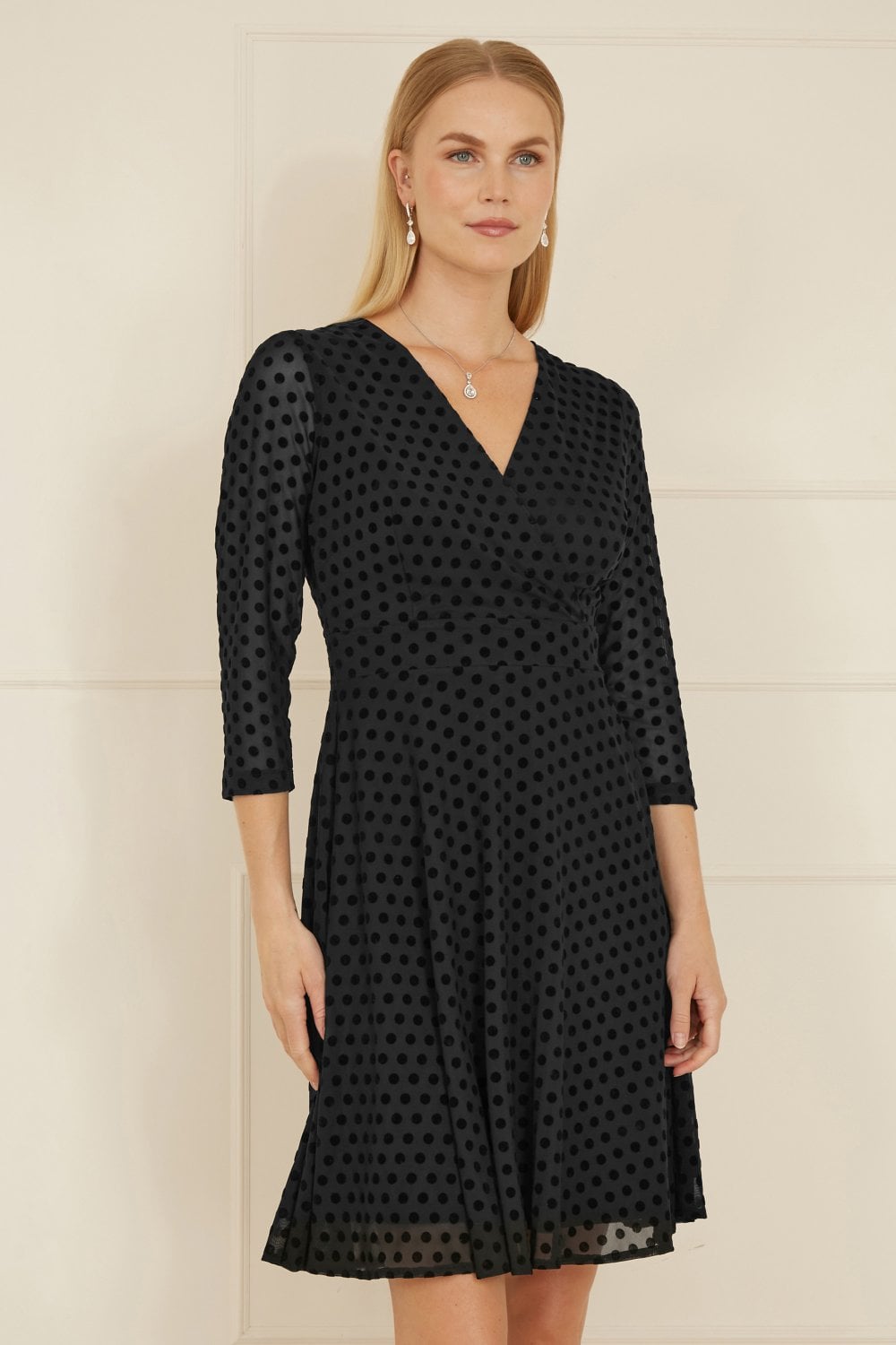 Mela Black Velour Spot 3/4 Sleeve Wrap Skater Dress - QHA UK