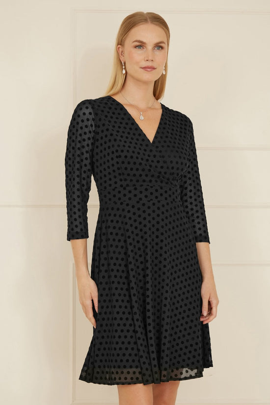 Mela Black Velour Spot 3/4 Sleeve Wrap Skater Dress - QHA UK