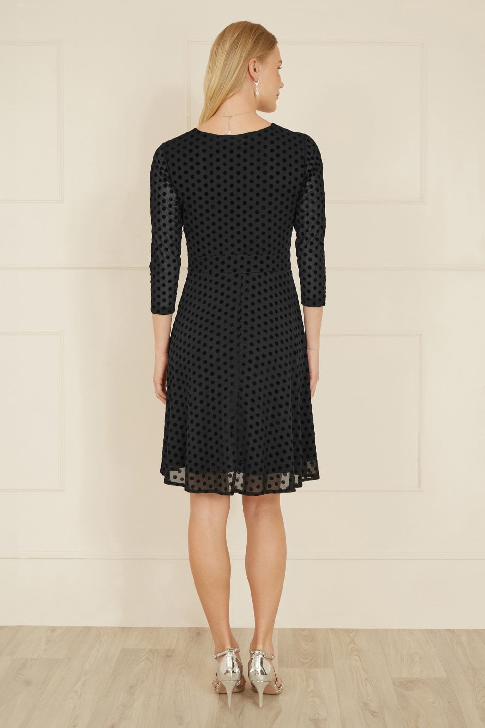 Mela Black Velour Spot 3/4 Sleeve Wrap Skater Dress - QHA UK