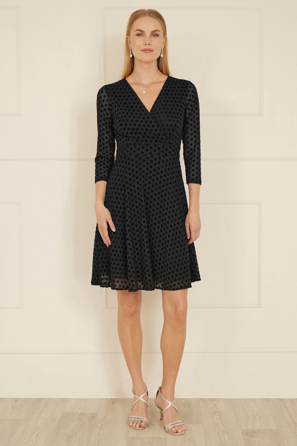 Mela Black Velour Spot 3/4 Sleeve Wrap Skater Dress - QHA UK