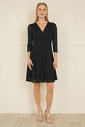 Mela Black Velour Spot 3/4 Sleeve Wrap Skater Dress - QHA UK
