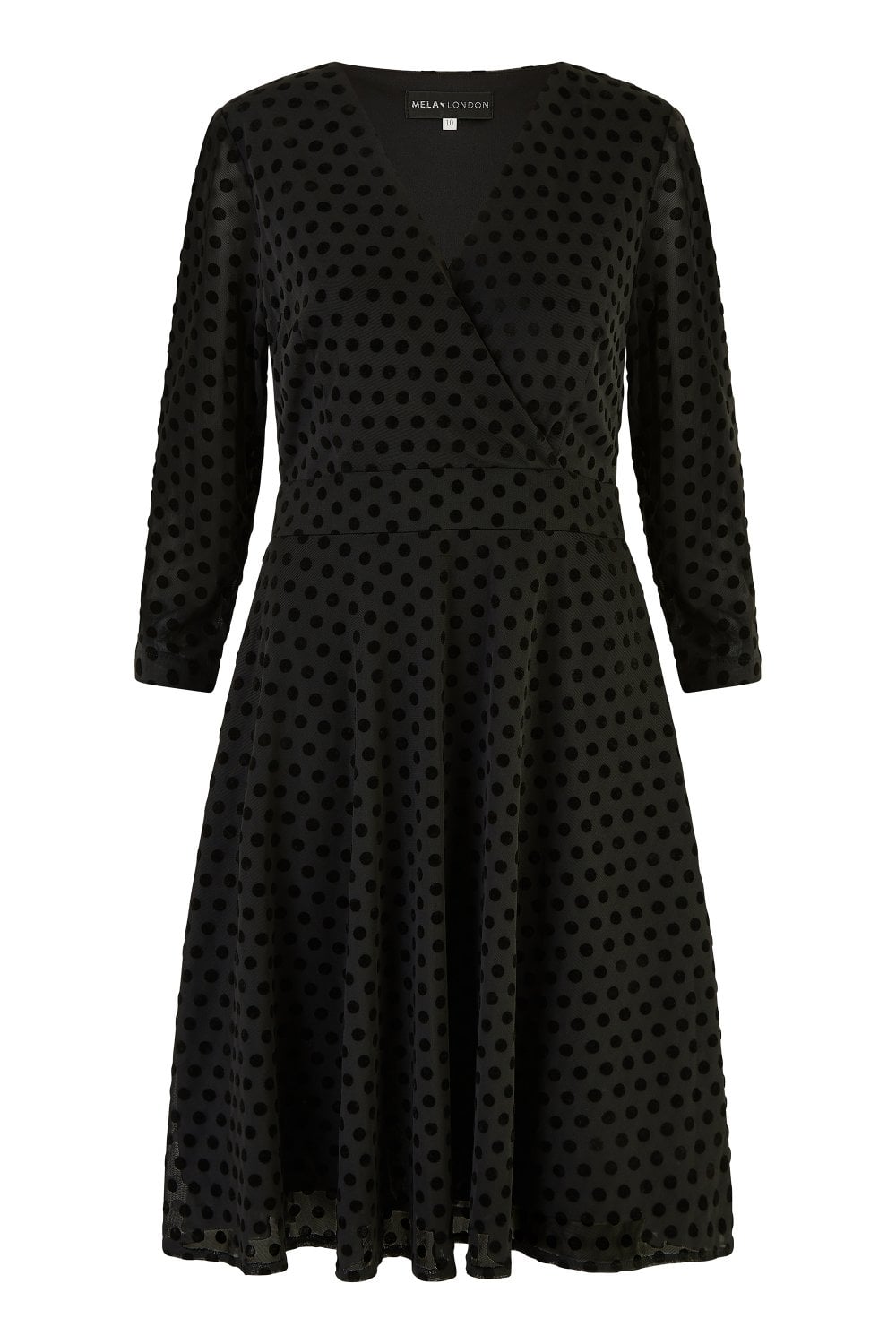 Mela Black Velour Spot 3/4 Sleeve Wrap Skater Dress - QHA UK