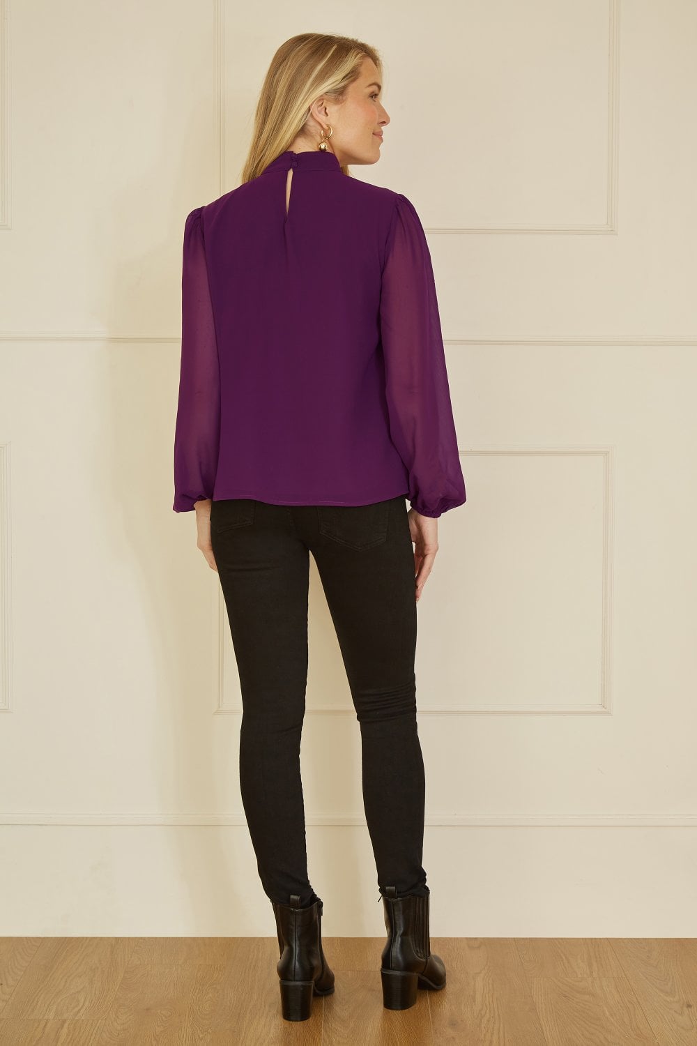 Mela Plum Pleated Long Sleeve Top With High Neck