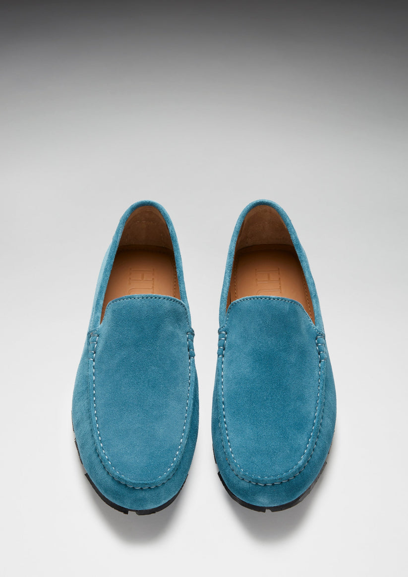 Mens Tyre Sole Driving Loafers, petrol blue suede - QHA UK