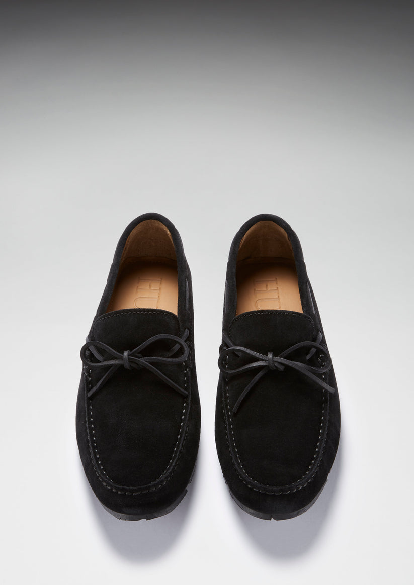 Tyre Sole Laced Driving Loafers, black suede - QHA UK