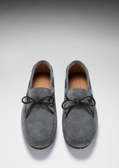 Mens Tyre Sole Laced Driving Loafers, slate grey suede - QHA UK