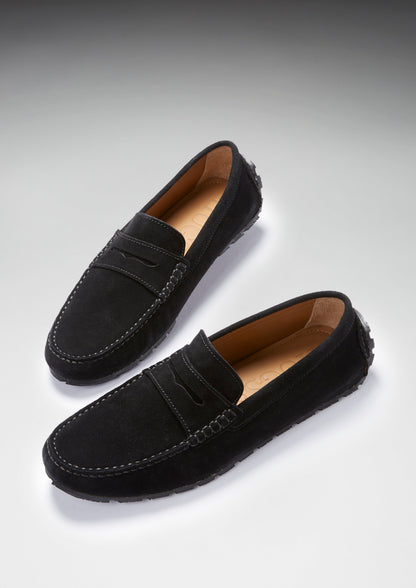 Mens Tyre Sole Penny Driving Loafers, black suede - QHA UK