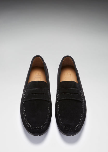 Mens Tyre Sole Penny Driving Loafers, black suede - QHA UK