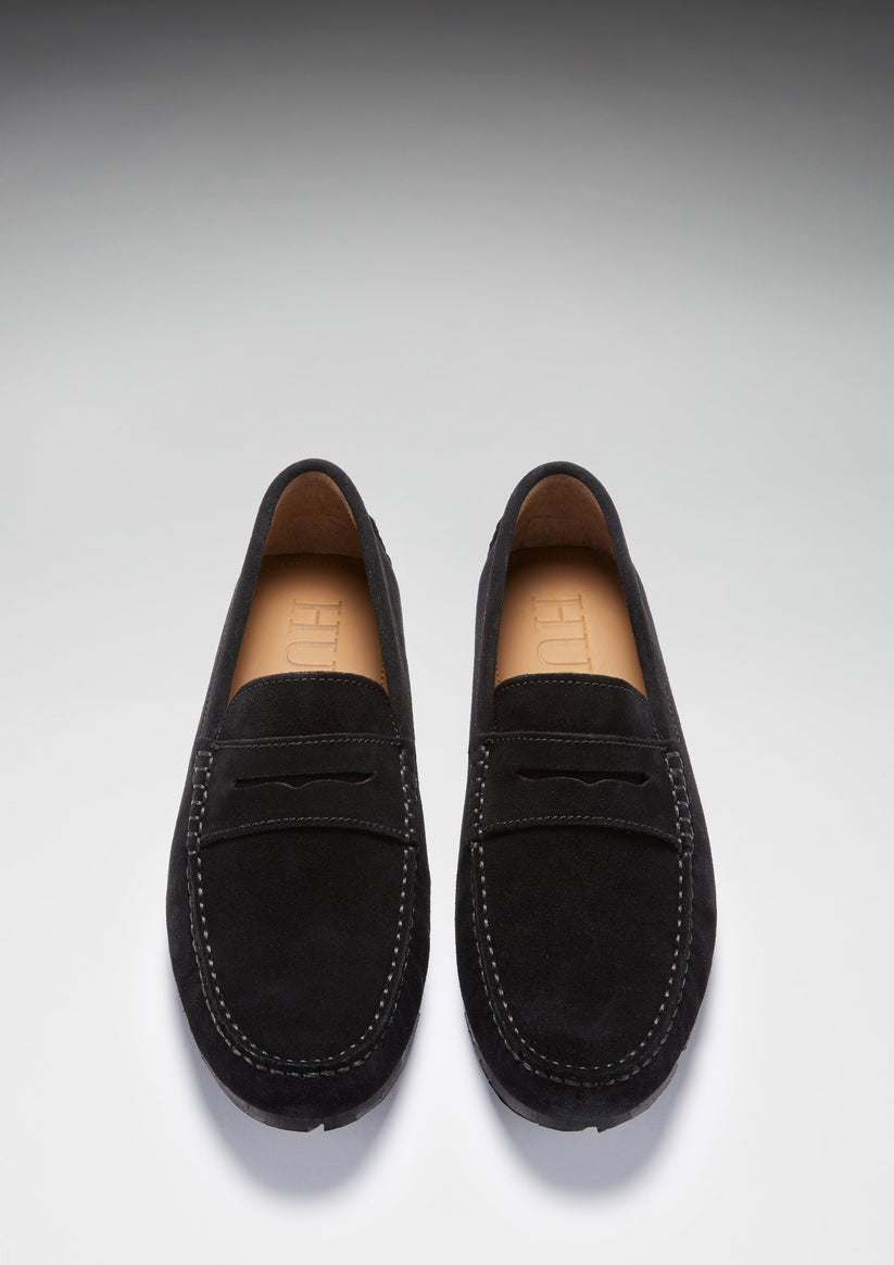 Mens Tyre Sole Penny Driving Loafers, black suede - QHA UK
