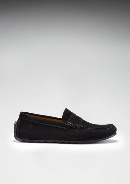 Mens Tyre Sole Penny Driving Loafers, black suede - QHA UK
