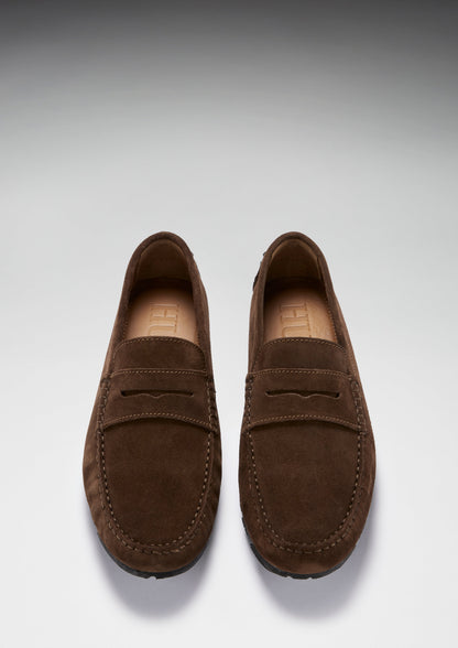 Tyre Sole Penny Driving Loafers, brown suede - QHA UK
