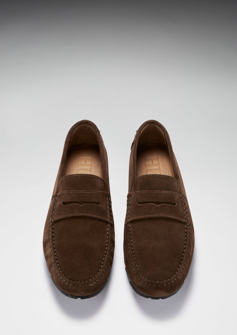 Tyre Sole Penny Driving Loafers, brown suede - QHA UK