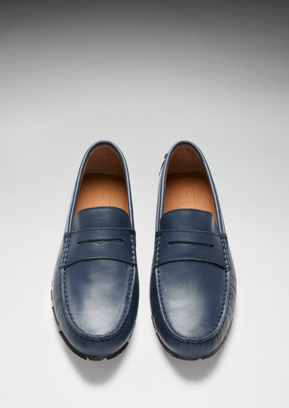 Mens Tyre Sole Penny Driving Loafers, french navy leather - QHA UK