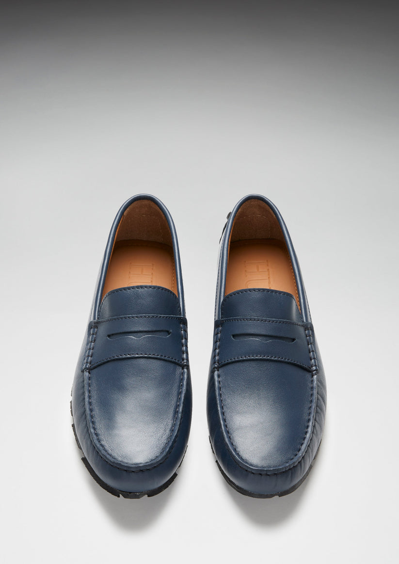 Mens Tyre Sole Penny Driving Loafers, french navy leather - QHA UK