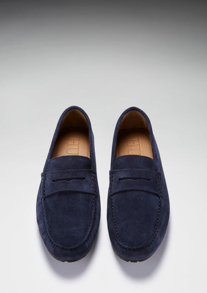 Mens Tyre Sole Penny Driving Loafers, navy blue suede - QHA UK