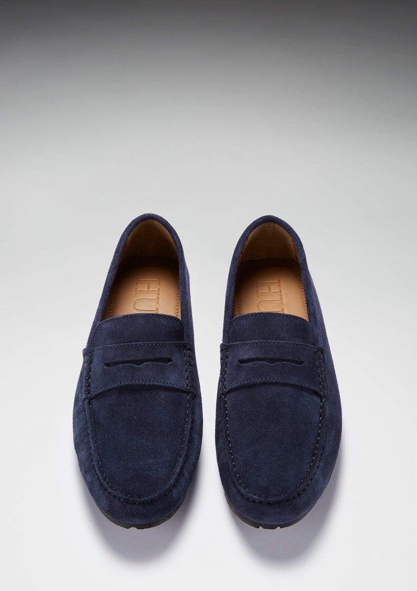 Mens Tyre Sole Penny Driving Loafers, navy blue suede - QHA UK